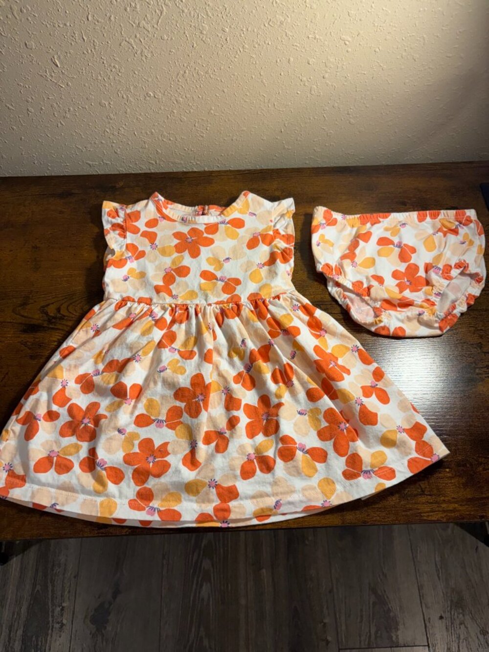 Girls Orange Floral Dress & Matching Bloomers 2-Piece Set